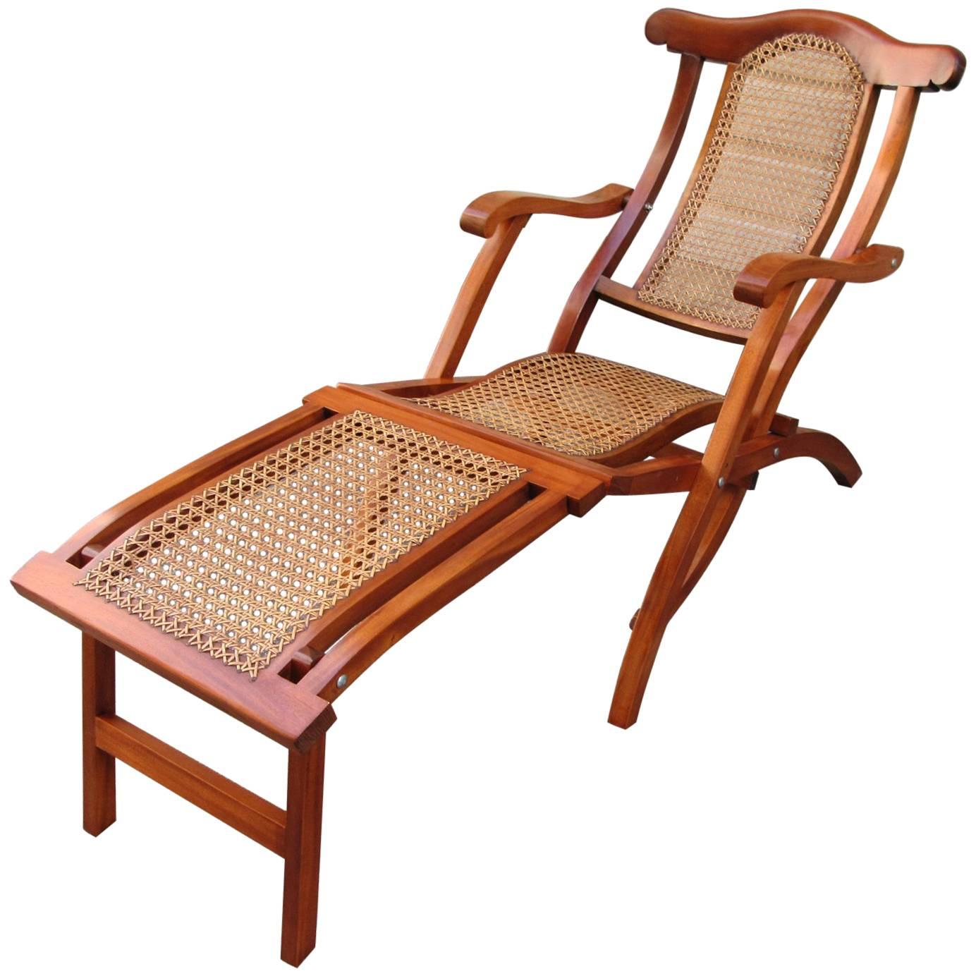 Early 20th Century Caribbean Martinique Mahogany and Cane Folding Deck Chair