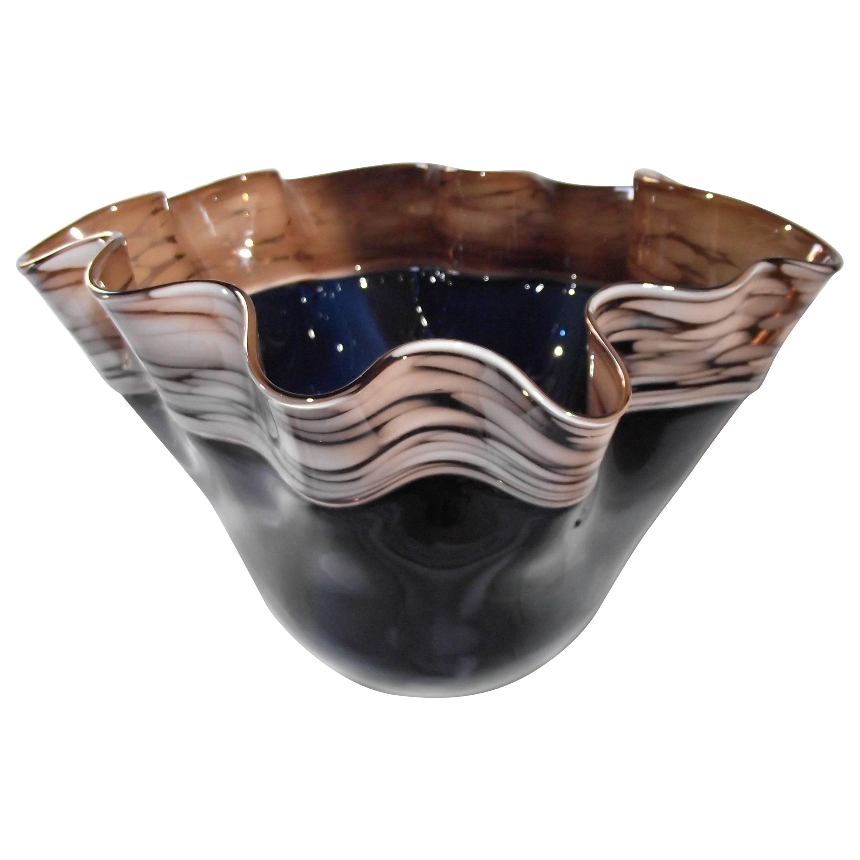 Murano Glass Bowl, Blue Murano Glass latticino Brown Trim Bowl, Handkerchief Bo For Sale