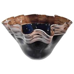 Murano Glass Bowl, Blue Murano Glass latticino Brown Trim Bowl, Handkerchief Bo