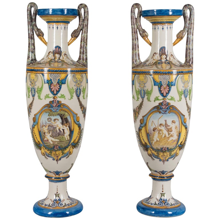 Pair Of Tall Italian Ceramic Faience Vases For Sale At 1stdibs