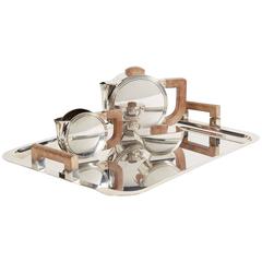 French Art Deco Silverplate & Wood Tea Set Christofle by Christian Fjerdingstad