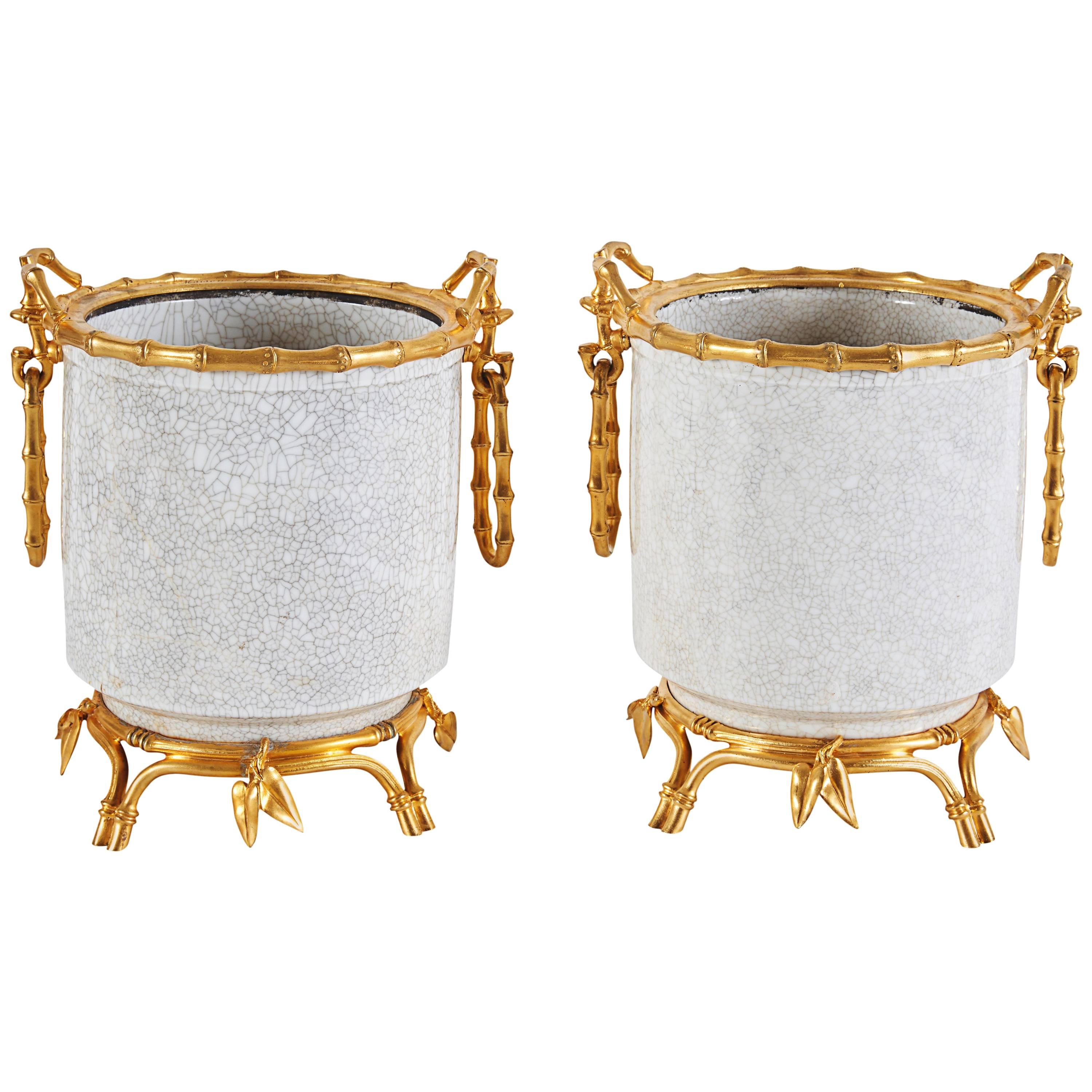 French Japonsime Ormolu-Mounted Chinese Crackle Glaze Porcelain Cachepots, Pair