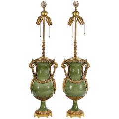 Pair of French Ormolu Bronze-Mounted Chinese Style Celadon Porcelain Table Lamps