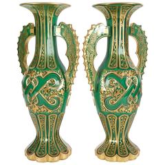 Magnificent Pair of Bohemian Green Gilt and Clear Cut-Glass Vases Alhambra Form 12