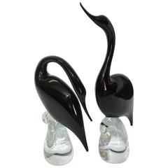 Pair of Extra Tall Signed Modern Murano Glass Birds by Formia