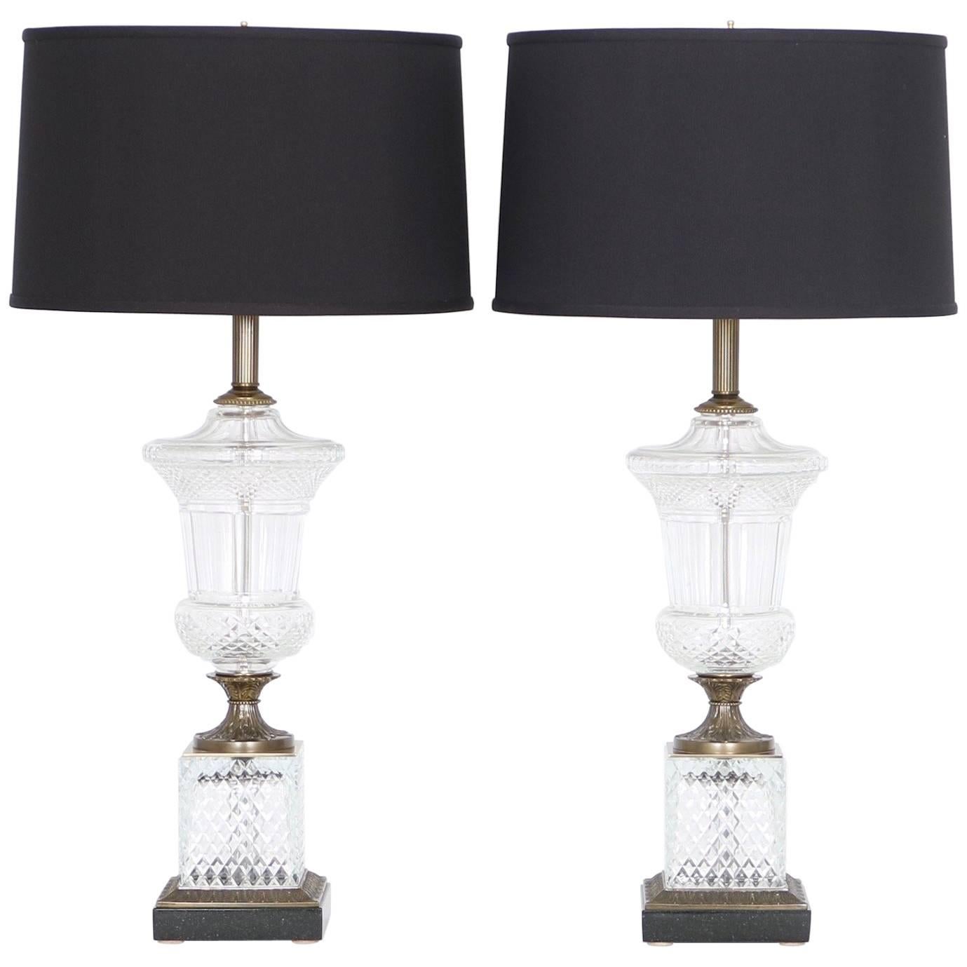 Paul Hanson Hollywood Regency Crystal Urn Lamps, Pair