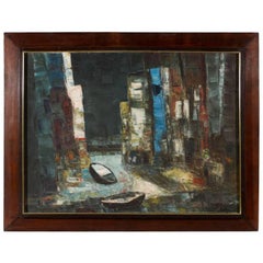 Vintage Abstract Painting of Rowboats in Original Wood Frame