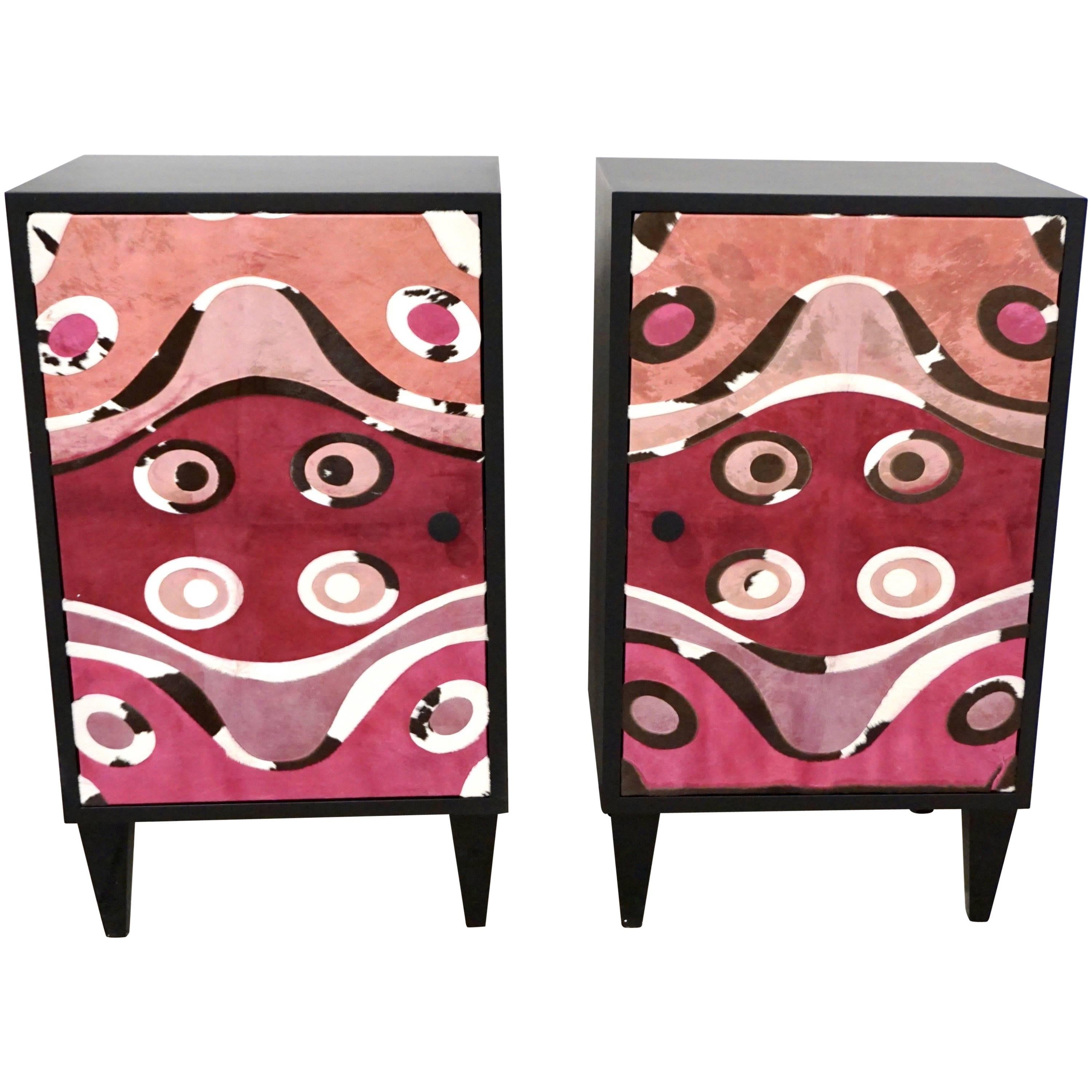 Contemporary Italian Pair of Black Lacquered and Rose Pink Leather Side Cabinets