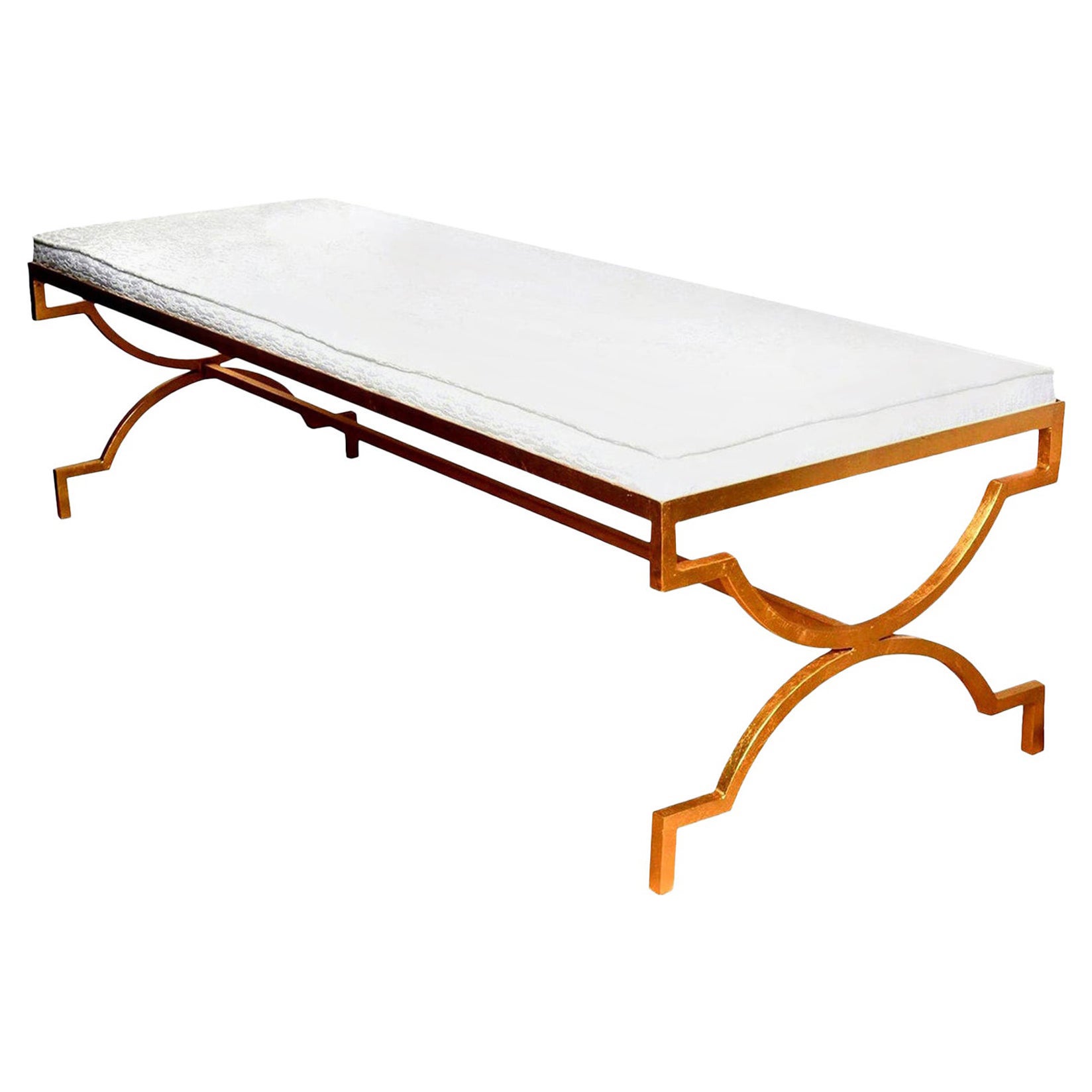 Vintage Tommi Parzinger Gold Leaf Over Iron Upholstered White Velvet Bench MCM