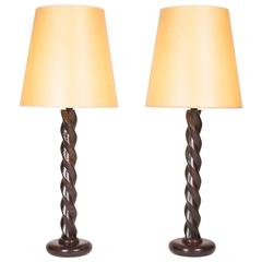 Pair of Twisted Oak Column Table Lamps, French, 1950s