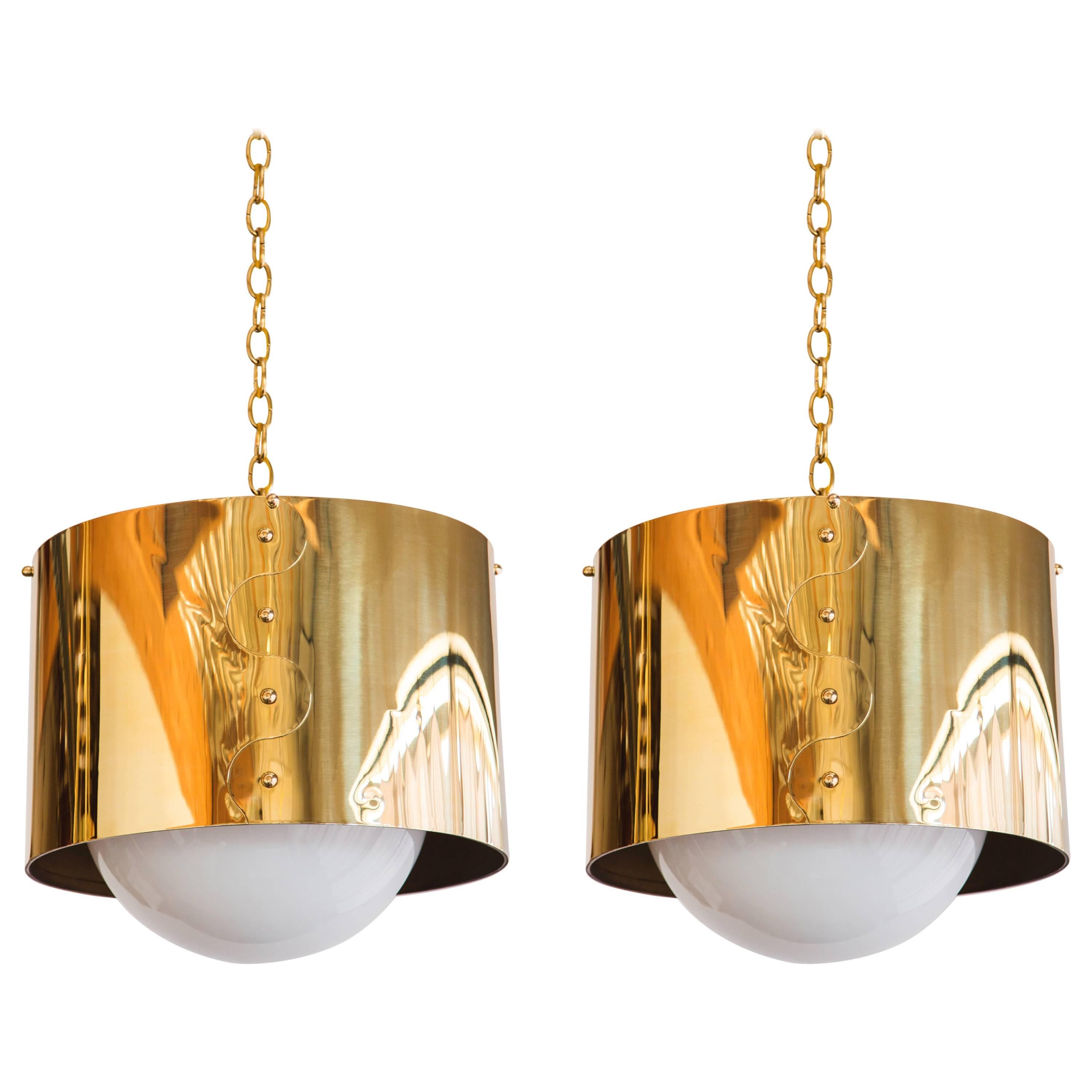 Mid-Century Pair of Brass Drum Restored Shaded Pendants For Sale