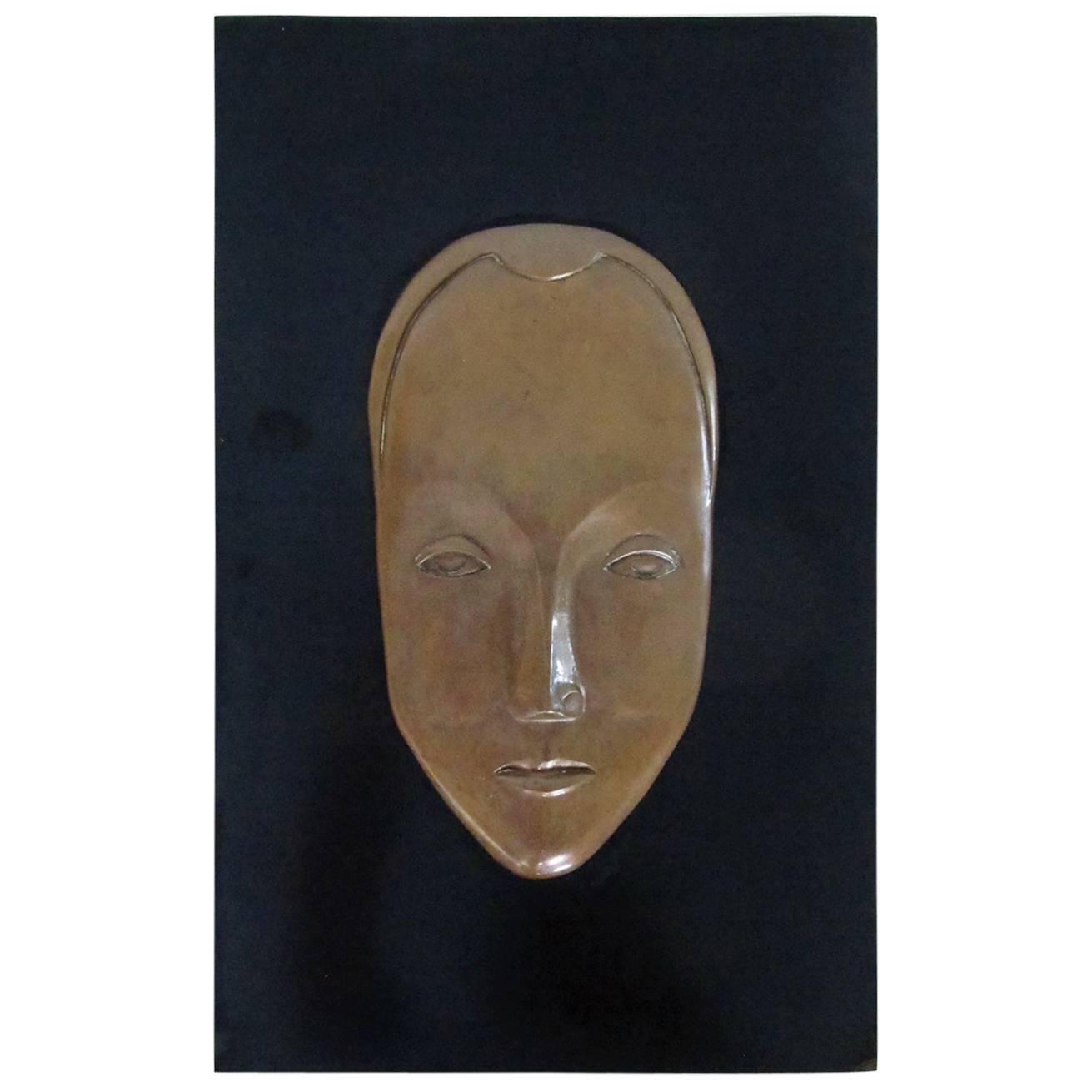 Art Deco Signed and Dated Bas Relief Bronze Mask For Sale