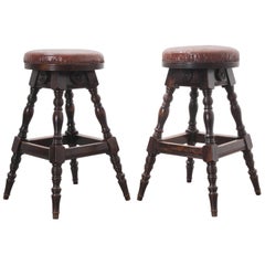 Used Pair of Late 19th Century English Oak Leather Top Pub Stools