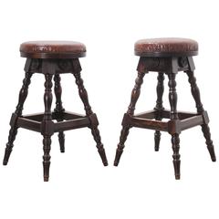 Pair of Late 19th Century English Oak Leather Top Pub Stools 5