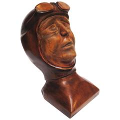 Stylized Art Deco Carved Bust of Aviator