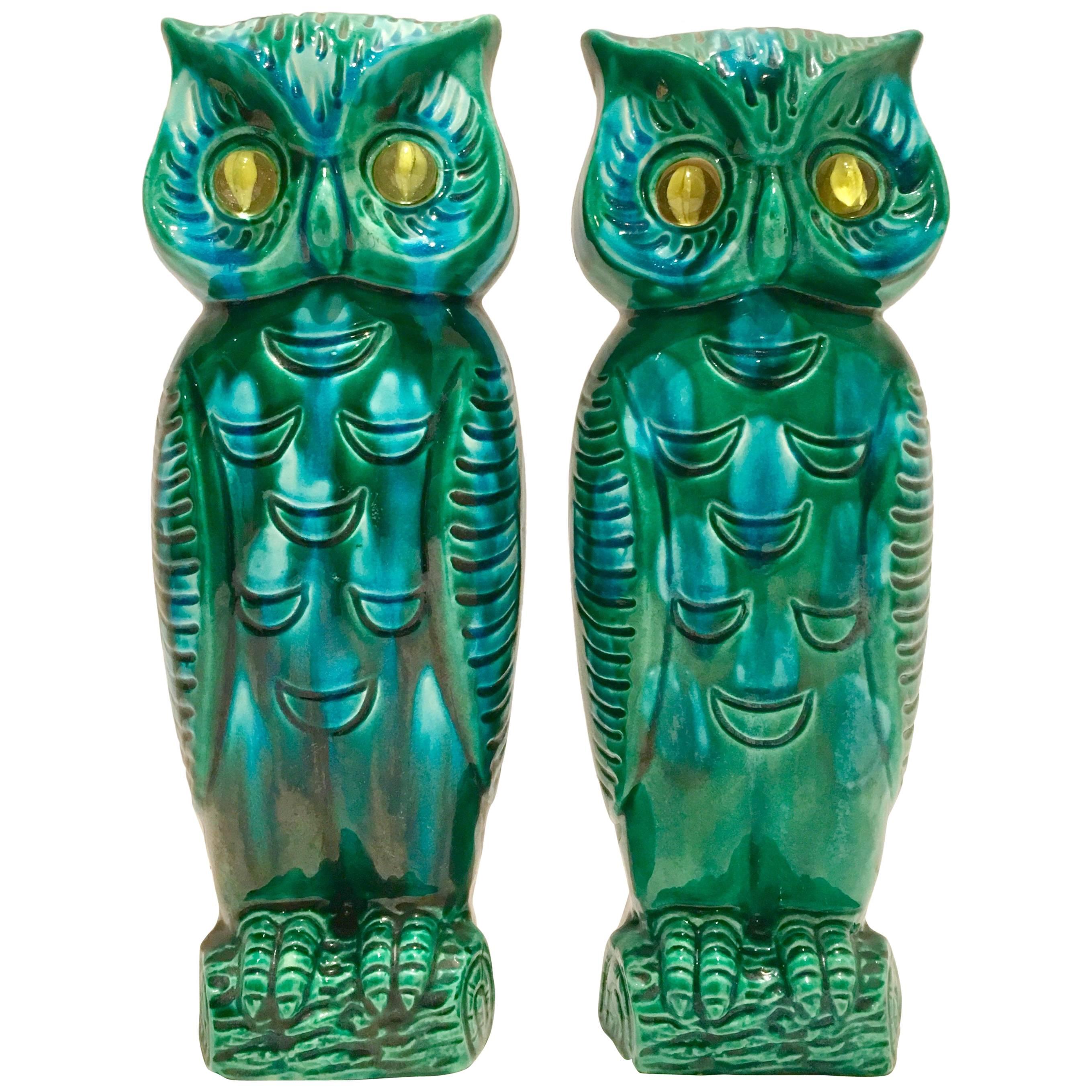 Mid-Century Japanese Pair of Ceramic Glaze "Google" Eye Owl Vases By Giftcraft For Sale