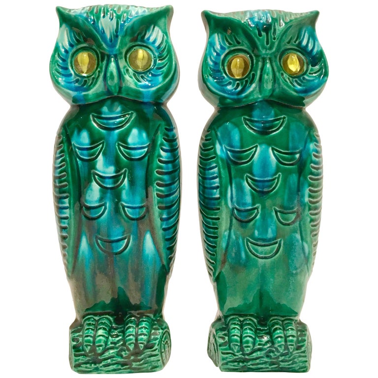 MidCentury Japanese Pair of Ceramic Glaze "Google" Eye Owl Vases By