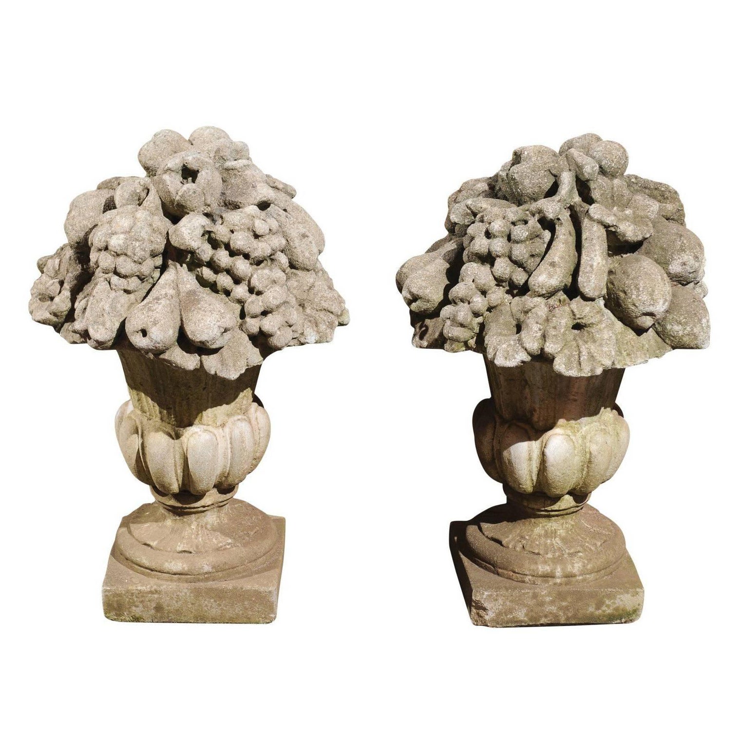 Pair of French Stone Fruit, Flowers and Médicis Vase Sculptures, circa 1920 For Sale