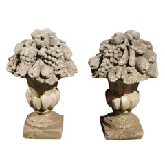 Vintage Pair of French Stone Fruit, Flowers and Médicis Vase Sculptures, circa 1920