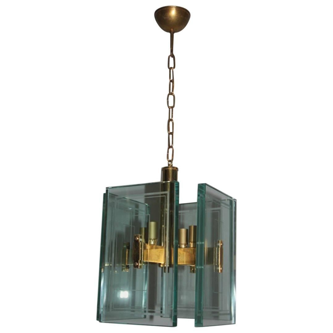 Chandelier Large Sheets of Glass Worked 1950s Lantern For Sale