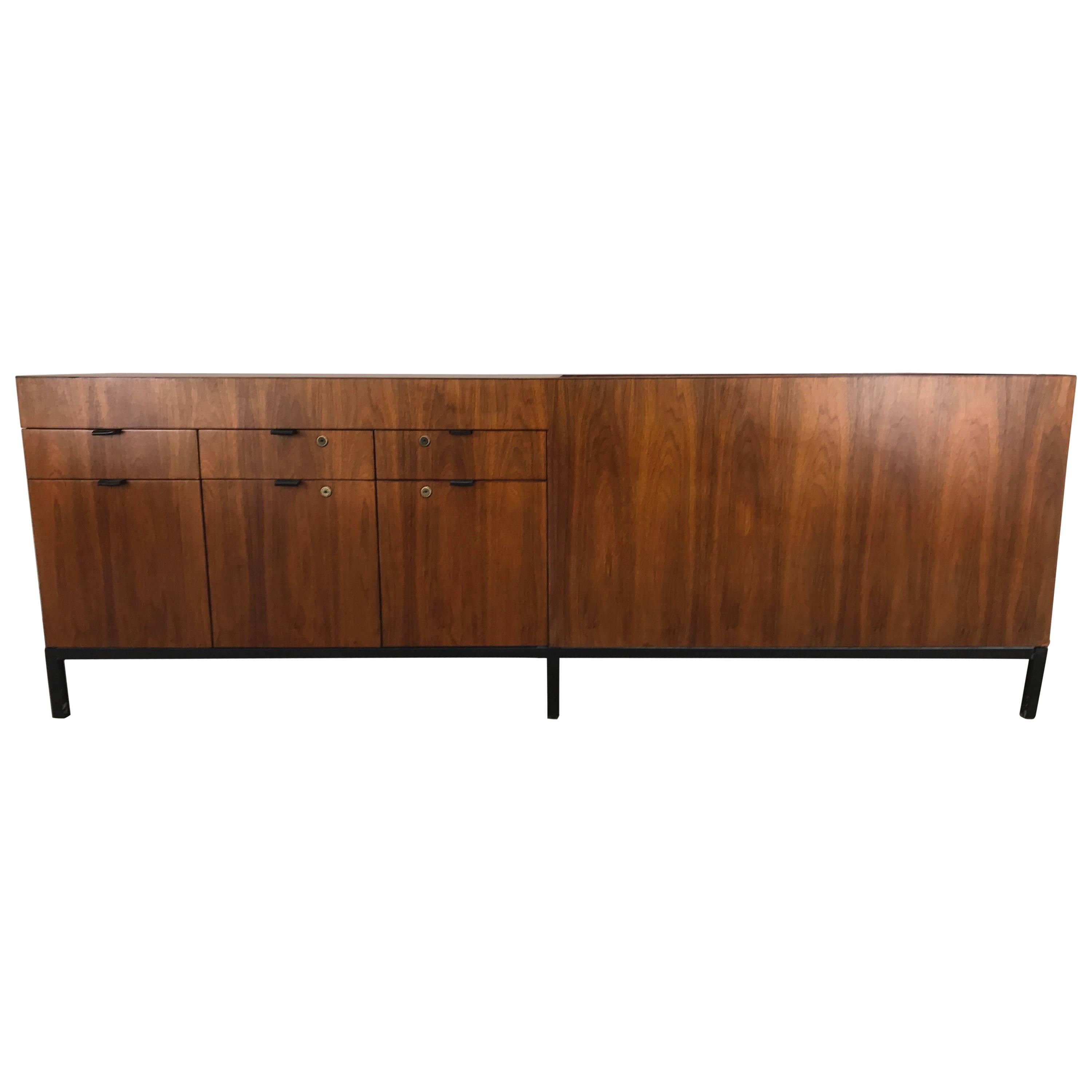 Unusual Modern Bookmatched Walnut Credenza, Leather Pulls by Stow and Davis