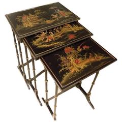Antique Chinoiserie Lacquered Edwardian Period Nest of Three Tables