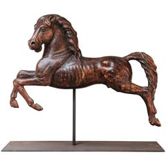 Carved Wooden Horse Mounted on Iron Base
