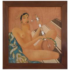 French Art Deco Orientalist Painting Nude with Gumbri by Gilbert F. Bons, 1933