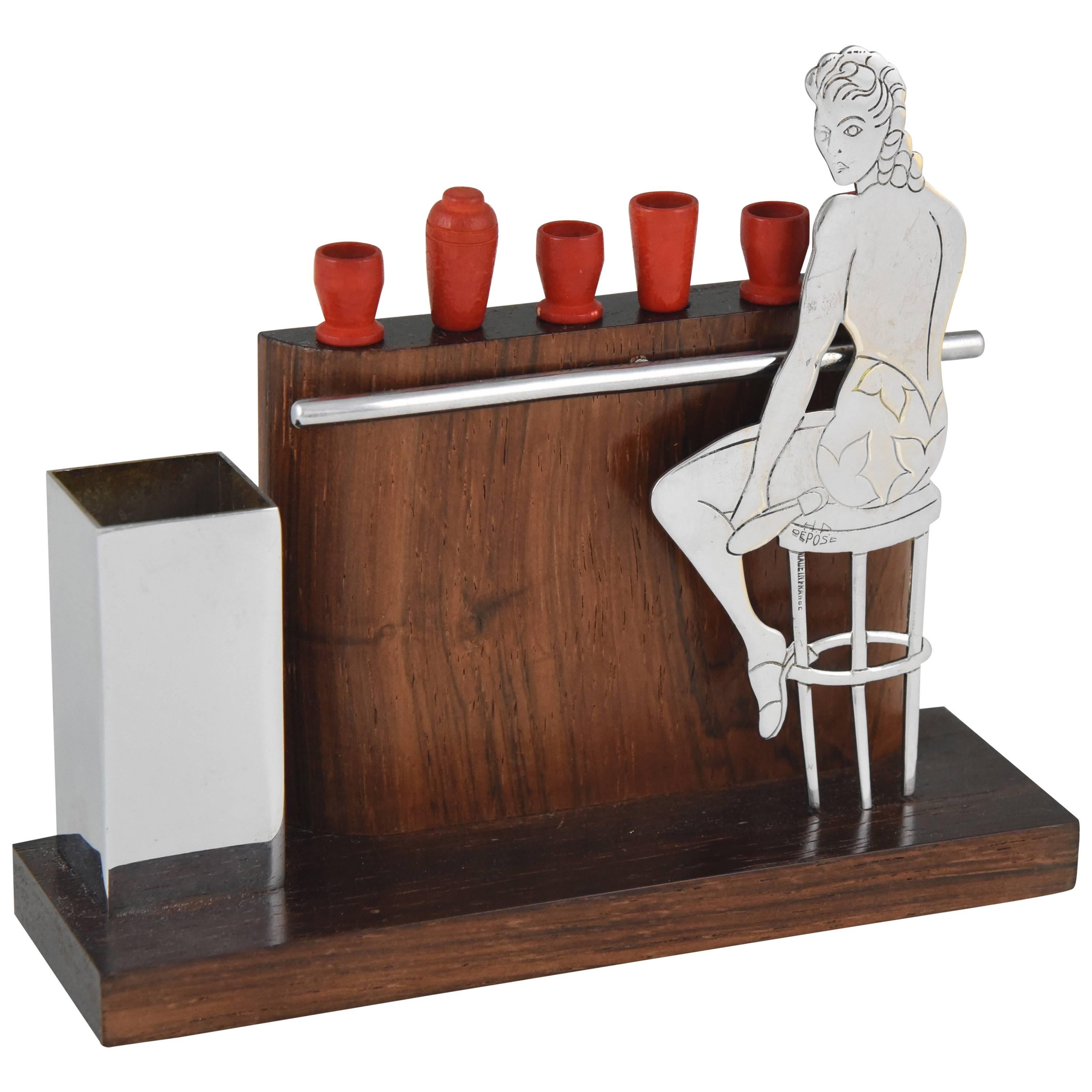 Art Deco Cocktail Sticks Set with Girl in Bathing Suit, Attributed to Sudre