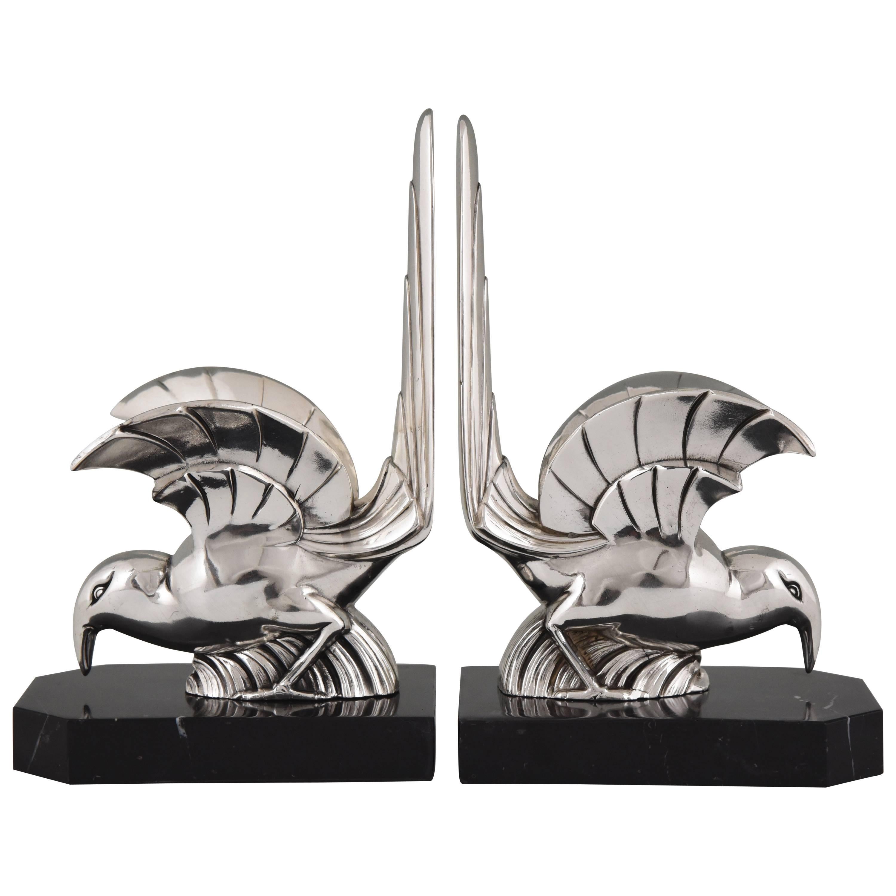 French Art Deco Silvered Bird Bookends by F.H. Danvin, 1930
