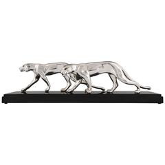 French Art Deco Silvered Sculpture of Two Panthers by M. Font, 1930