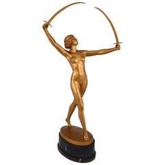 Art Deco Gilt Bronze Sculpture of a Nude with Two Swords by Gotthilf Jaeger