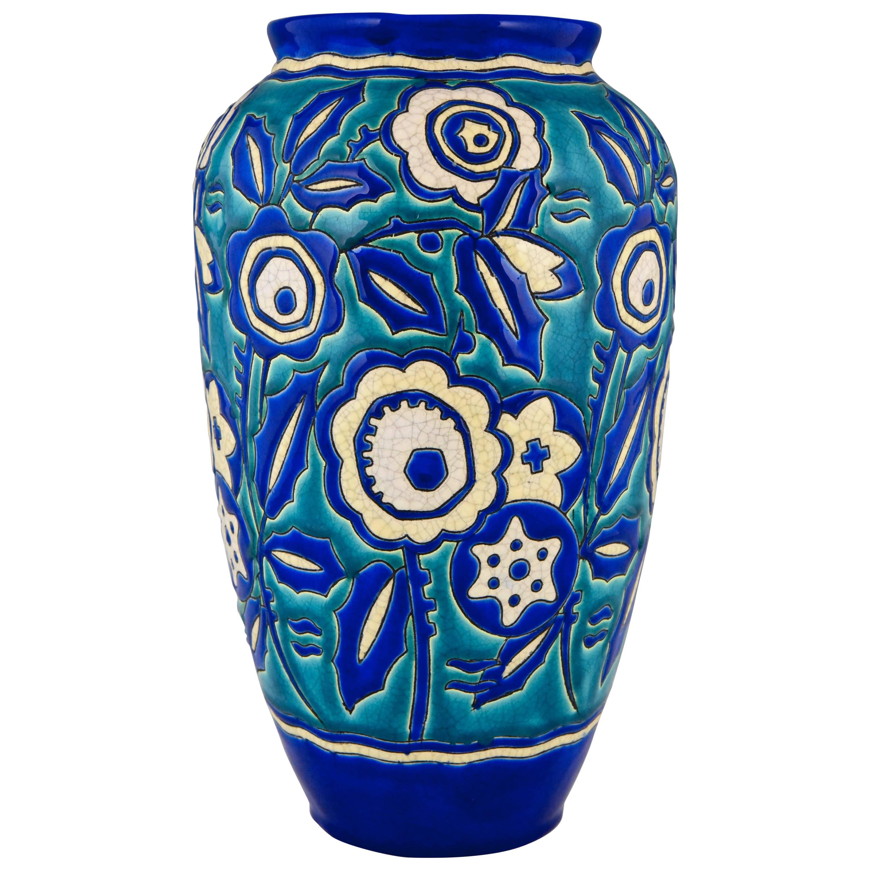 Art Deco Ceramic Vase with Flowers by Keramis, Belgium, 1929