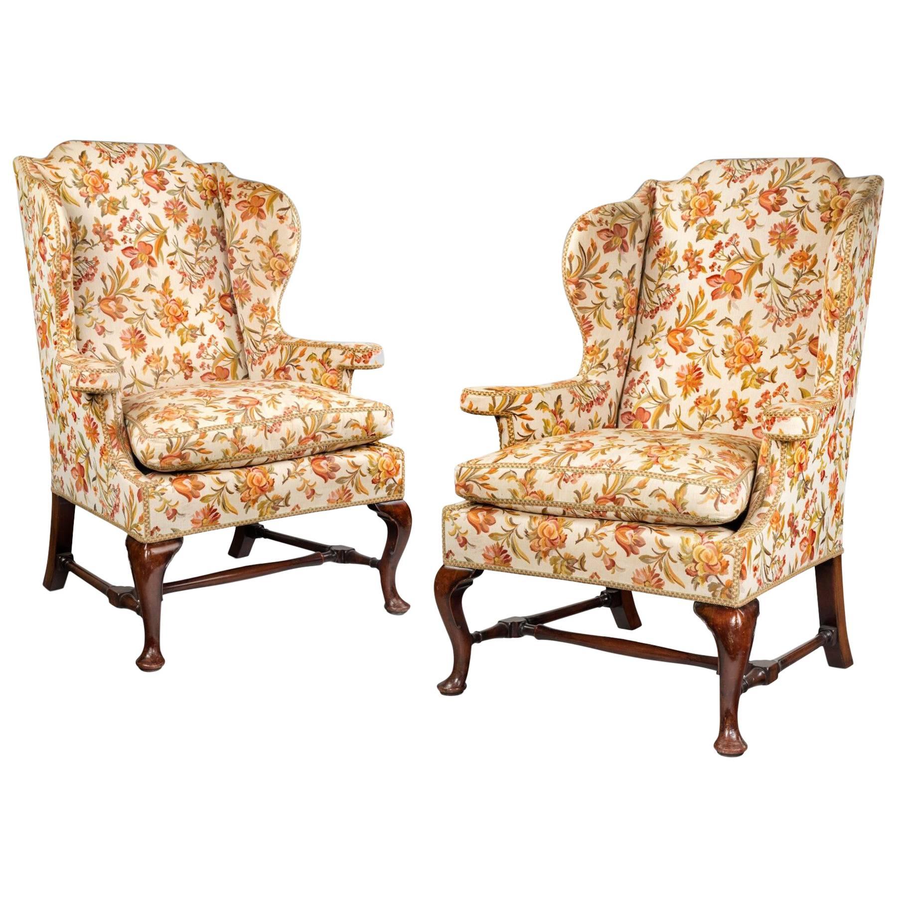 Large Pair of George II Style Wing Armchairs For Sale