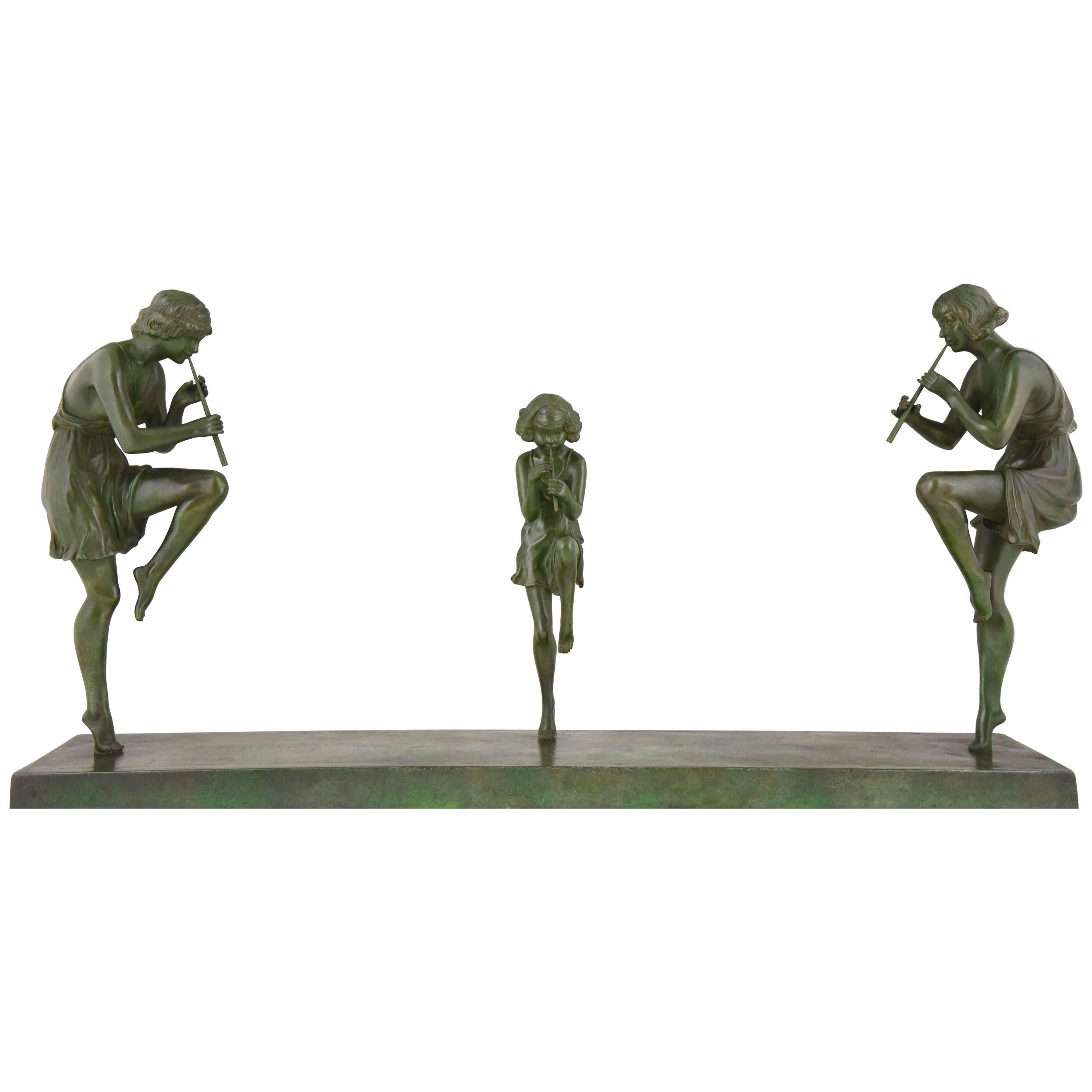 Art Deco Bronze Sculpture of 3 Female Flute Players by Marcel Bouraine France