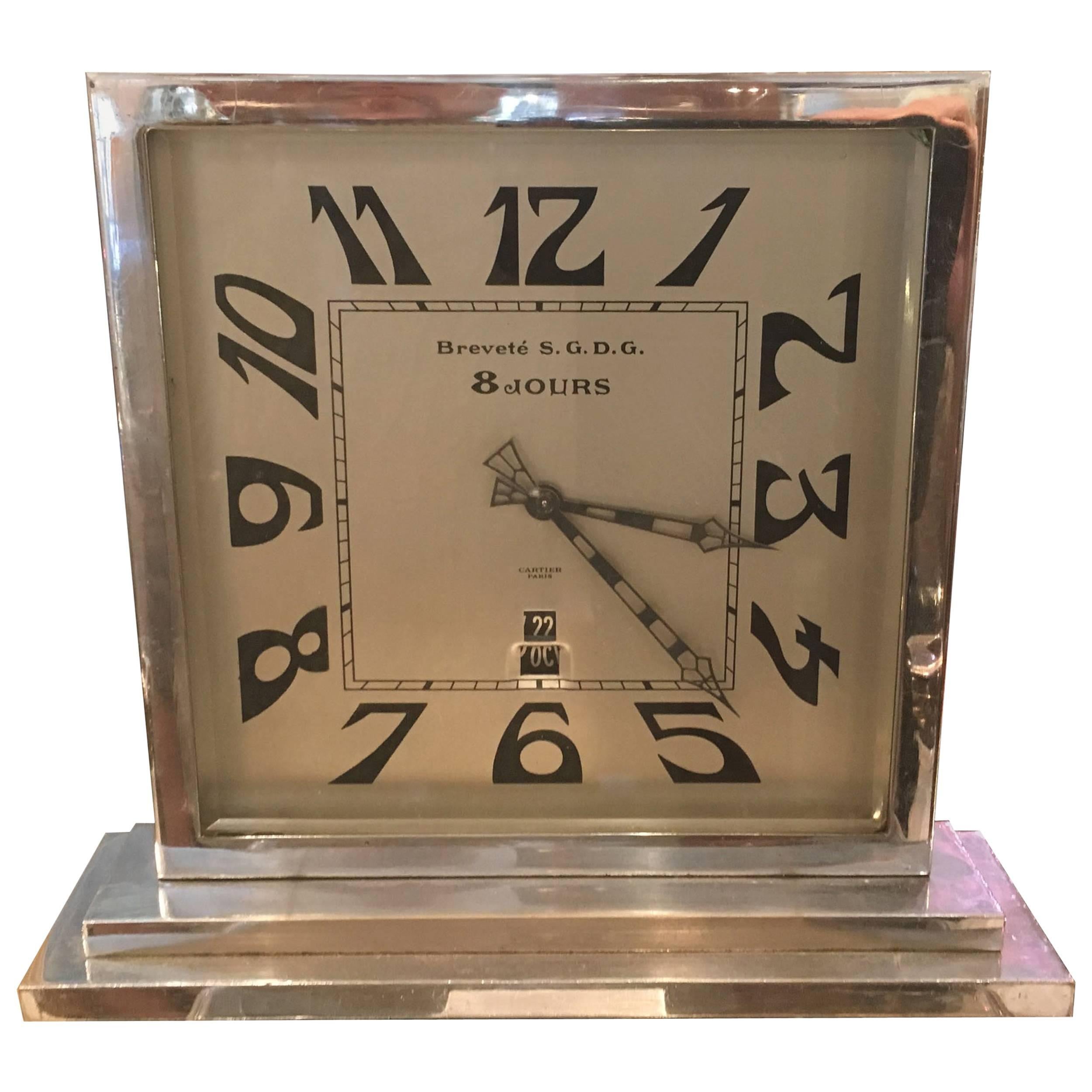 Art Deco Cartier 8 Day, Day and Date Chrome Mantle Clock For Sale
