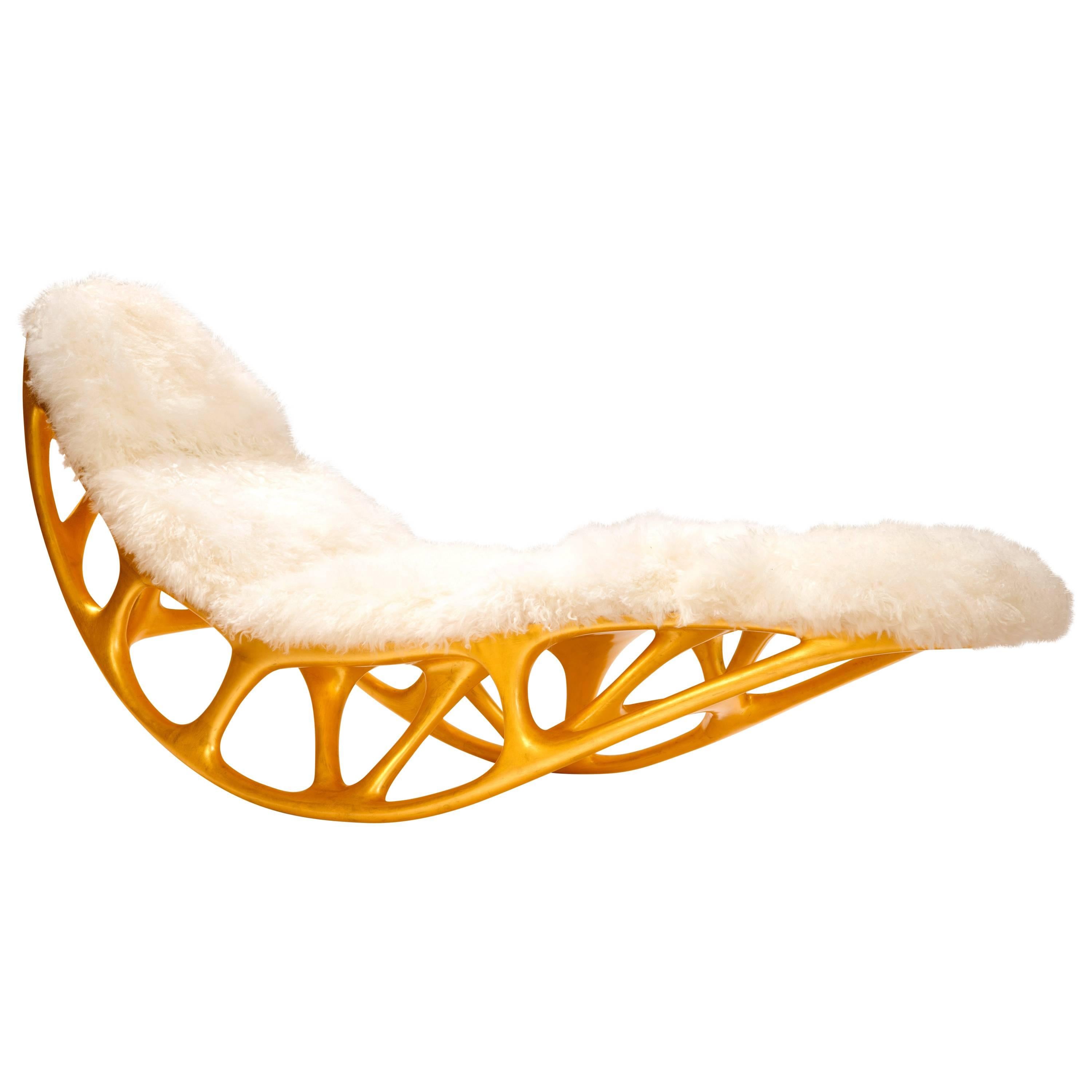 Morphogenesis Chaise in Gilded Fiberglass with Lamb Skin by Timothy Schreiber