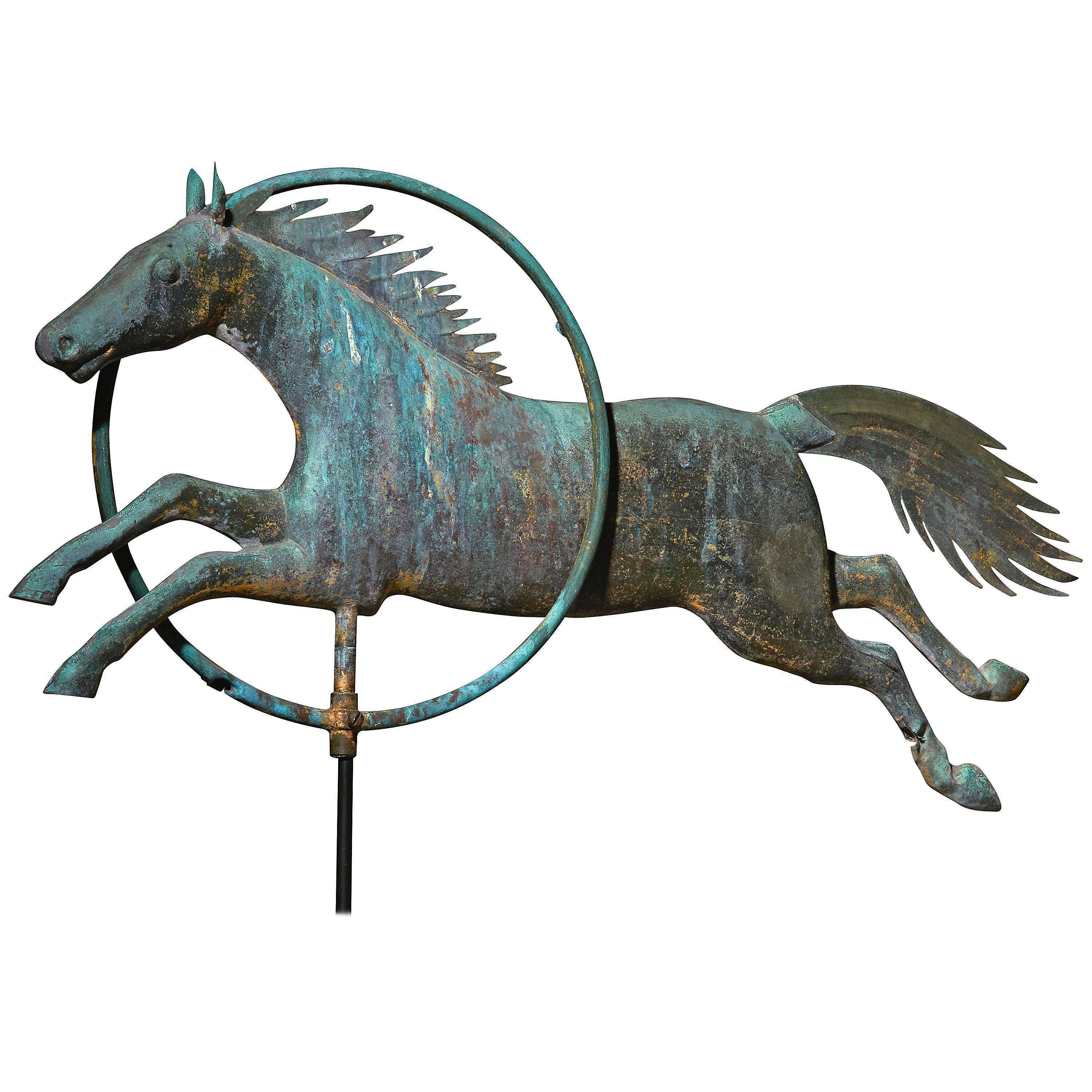 Molded Copper Horse Jumping through Hoop Weathervane For Sale