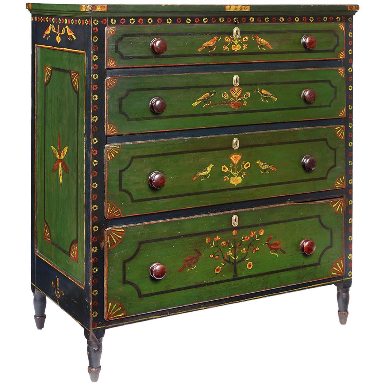 Green-Painted and Polychrome-Decorated Four-Drawer Chest For Sale