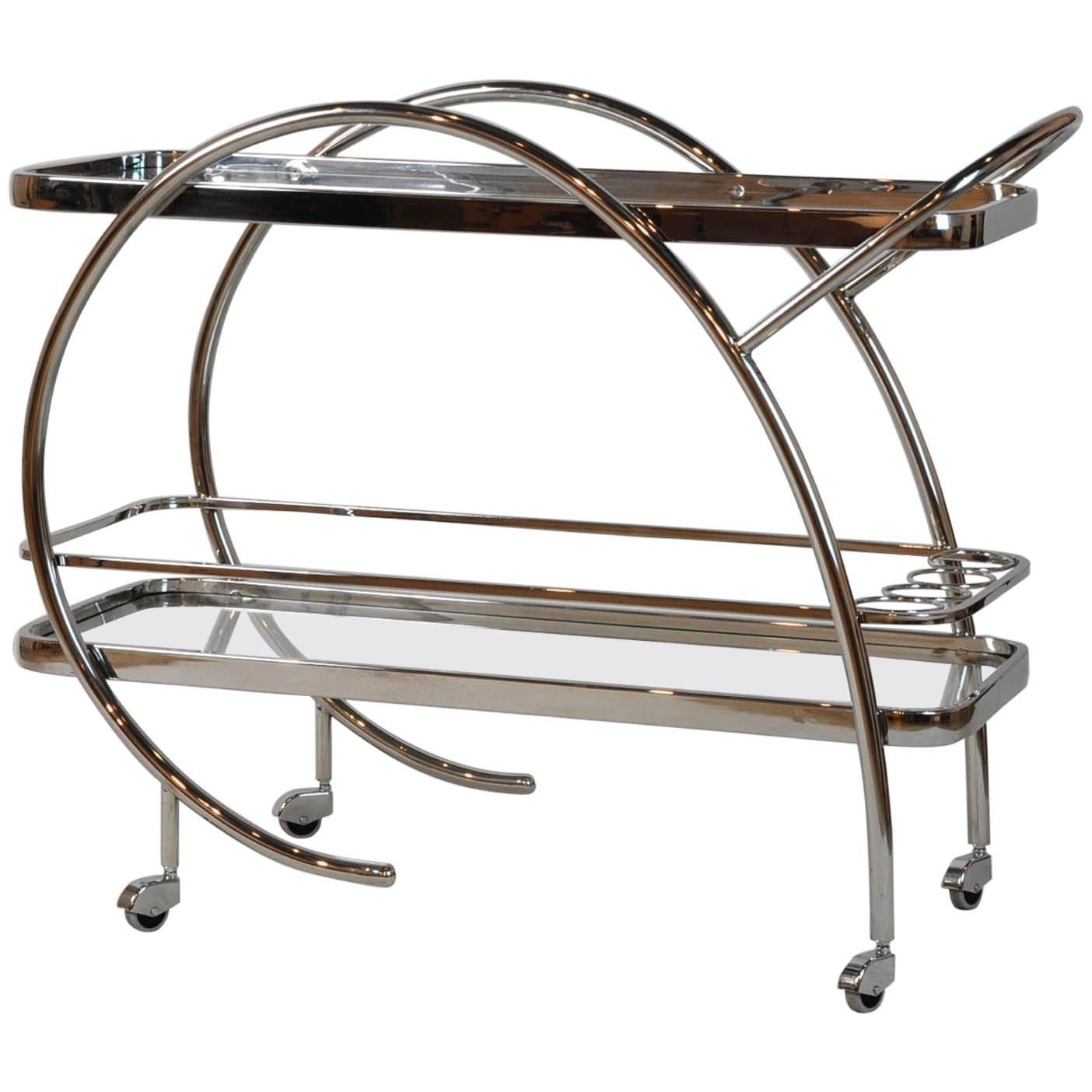 Mid-Century Modern Chrome Bar Cart with Glass Shelves