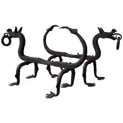 Early 1900s Forged in Fire Wrought Iron Dragon Andirons / Fireplace Firedogs