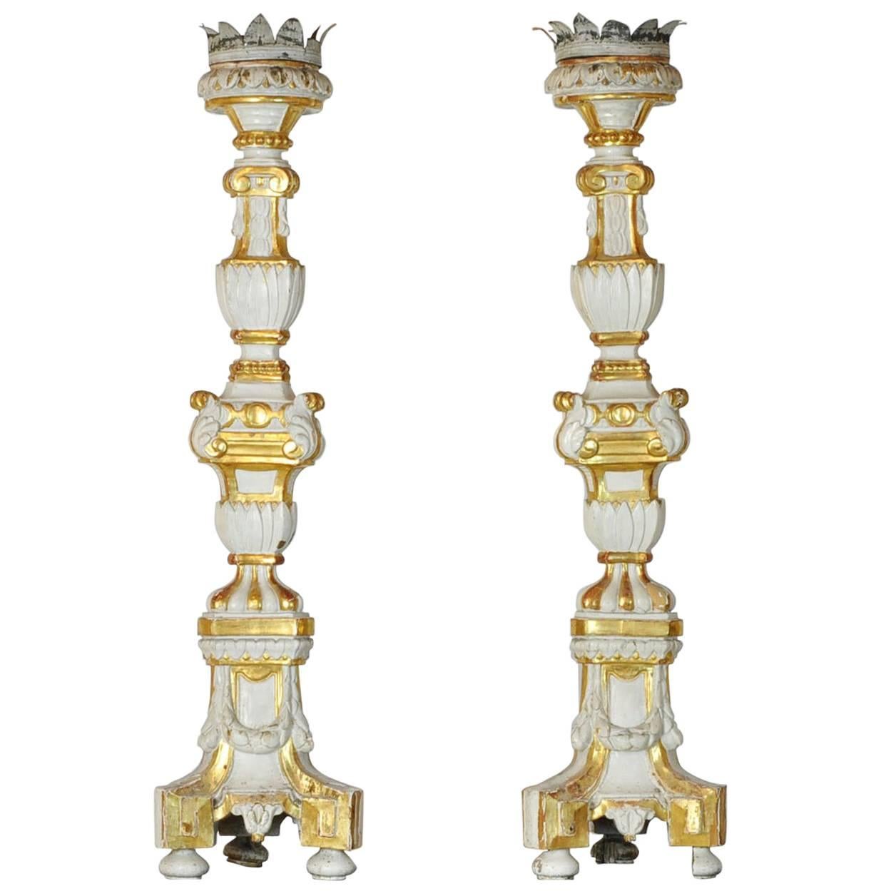 Large Pair of Italian Late 18th Century, Partial-Gilt and Painted Prickets