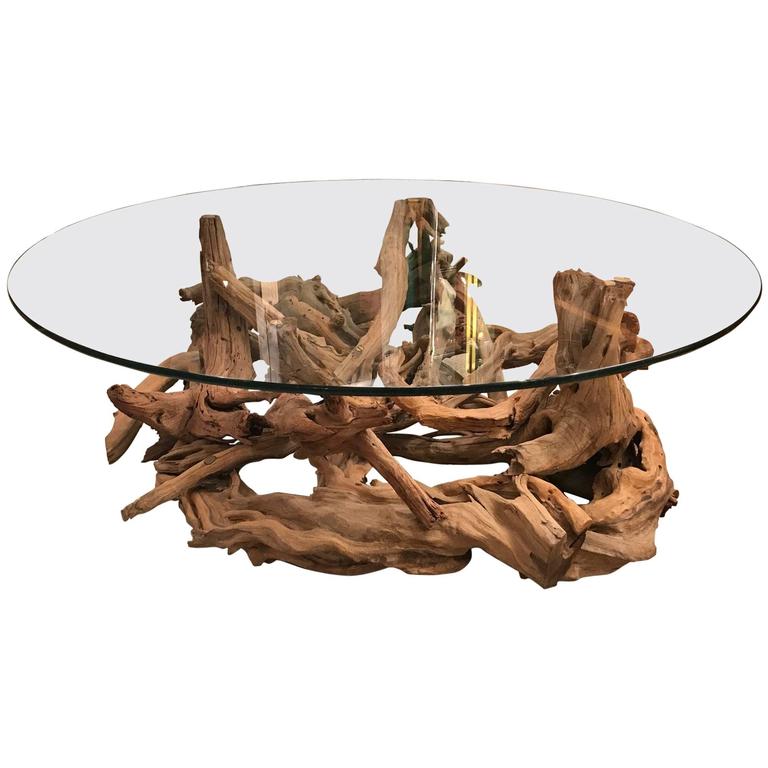 Round Driftwood Coffee Table with Glass Top at 1stDibs