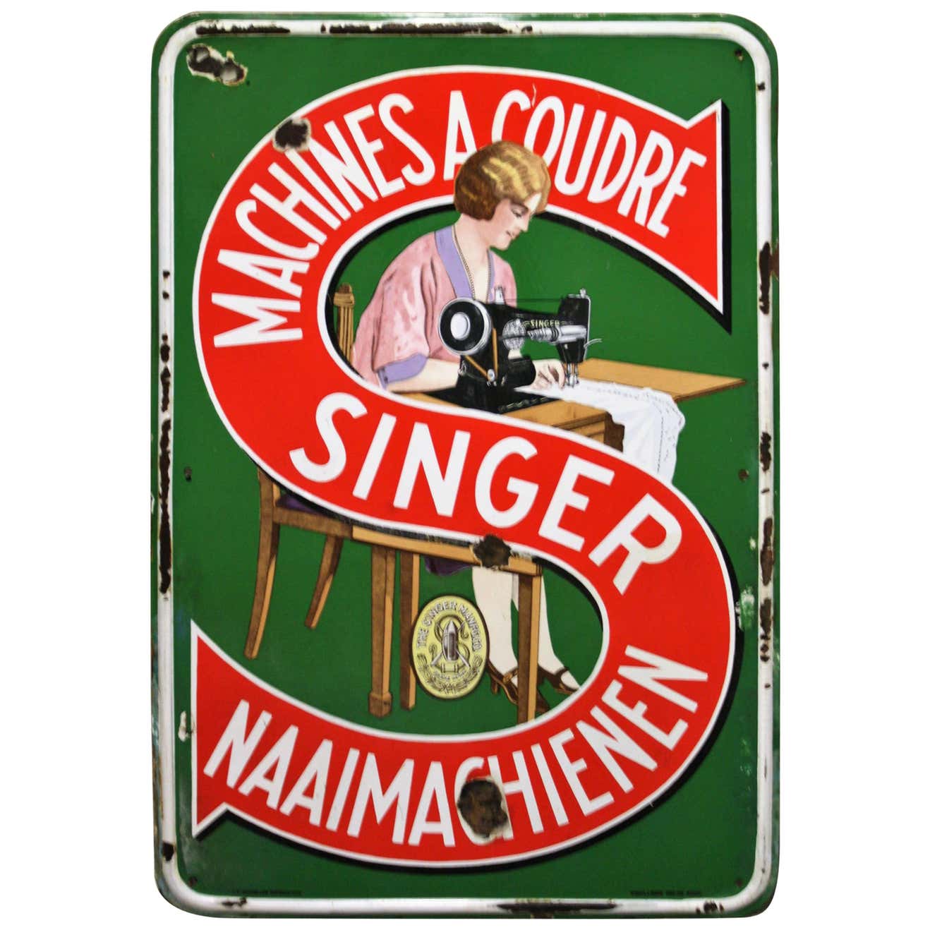 Enamel Sign Singer Sewing Machines, 1938 at 1stDibs