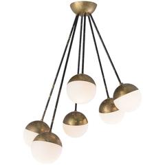 Stilnovo Brass and Frosted Glass Ceiling Lamp, circa 1960