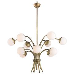 Brass and Opaline Glass Globe Chandelier, circa 1960