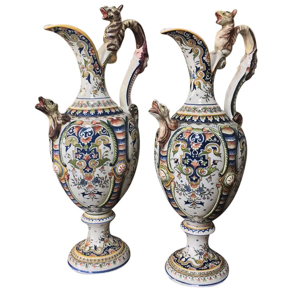 Pair of 19th Century Hand-Painted Ewer Vases from Rouen