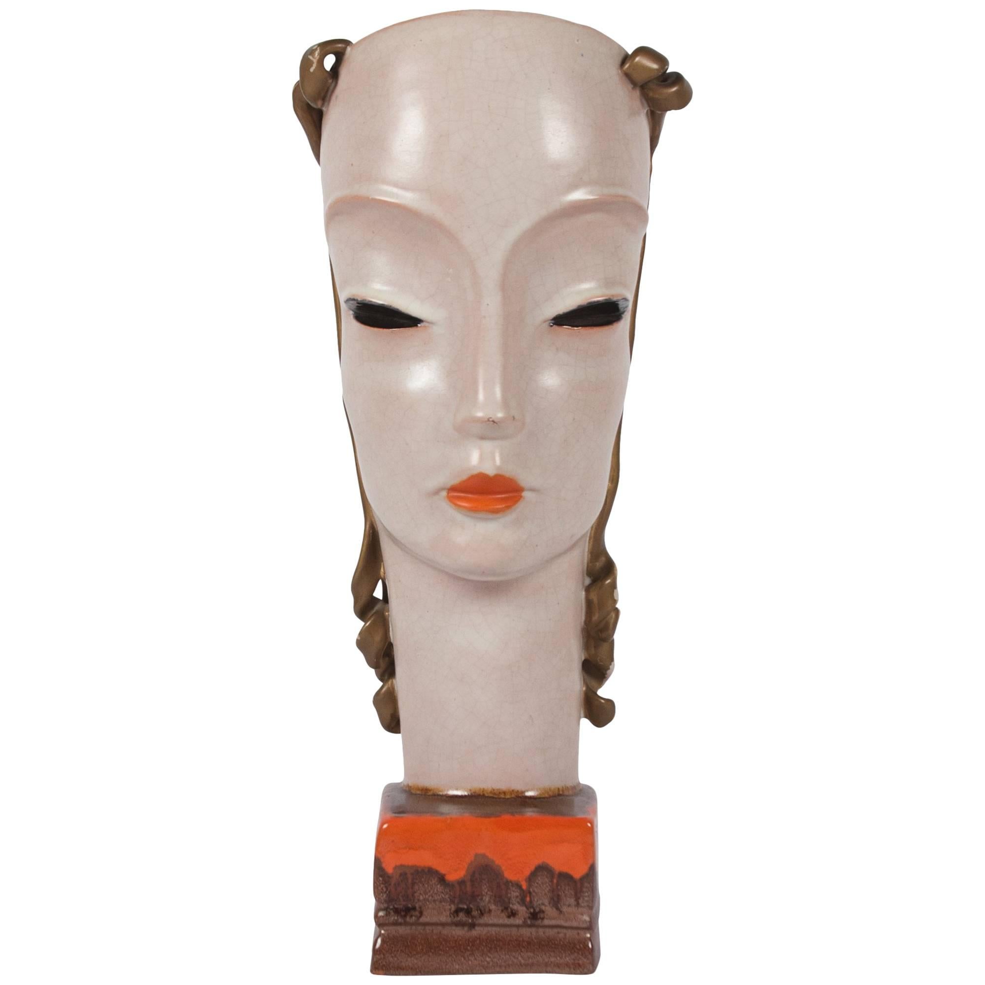 Art Deco Style Ceramic Female Bust by Goldscheider, Austrian, 1920s For Sale