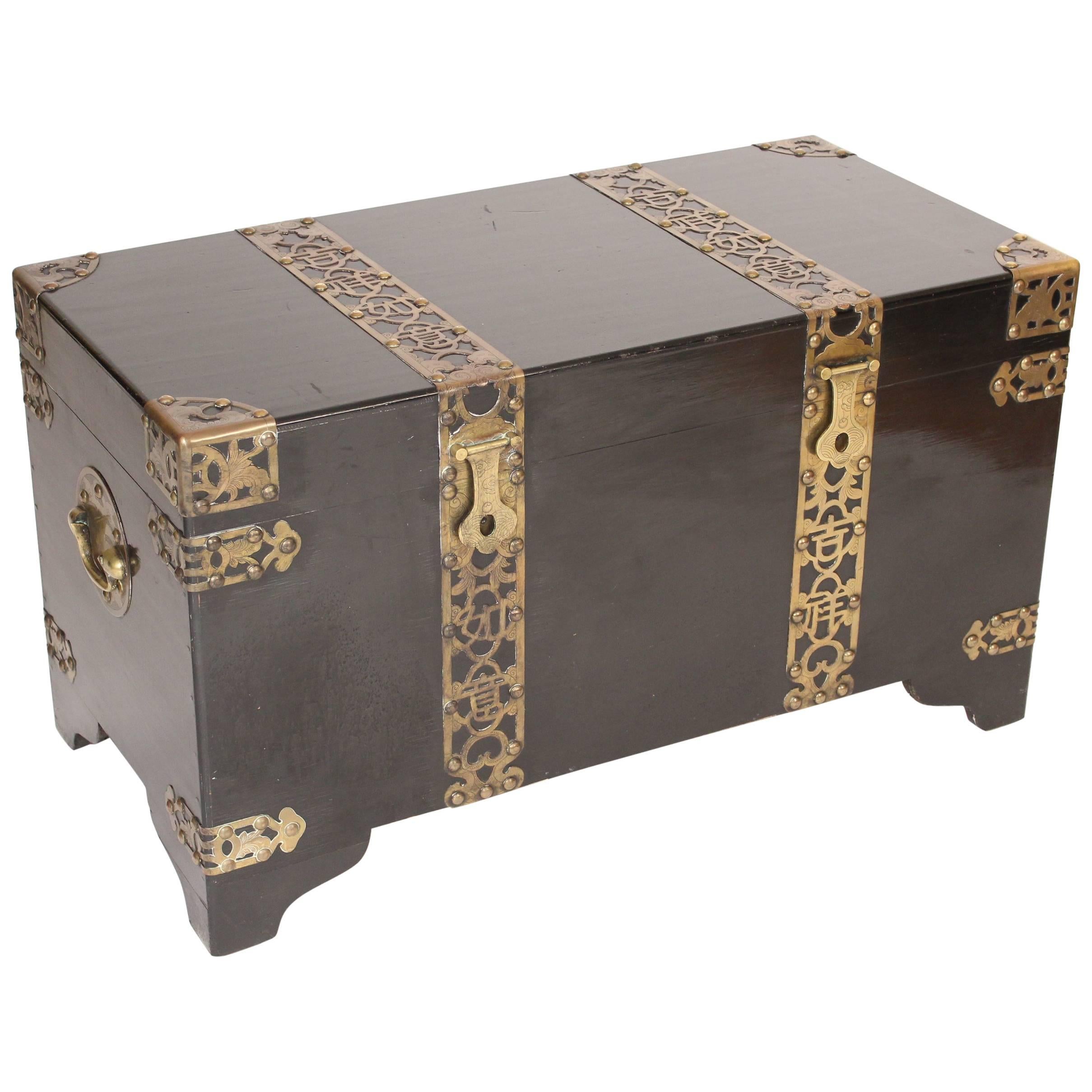 Chinese Style Black Lacquer Trunk with Brass Mounts