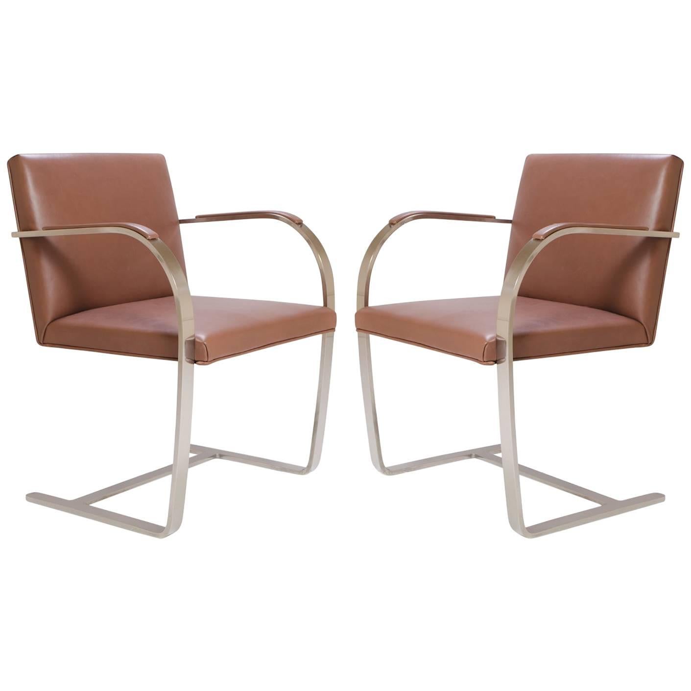 Mies van der Rohe for Knoll Brno Flat-Bar Chairs in Cognac Leather, Pair